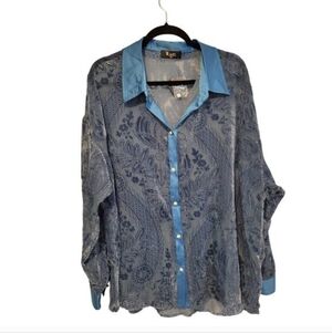 Y2K Meritt 1X Velvet Burnout Satin Button Up Blouse Paisley Blue Long Sleeve NWT